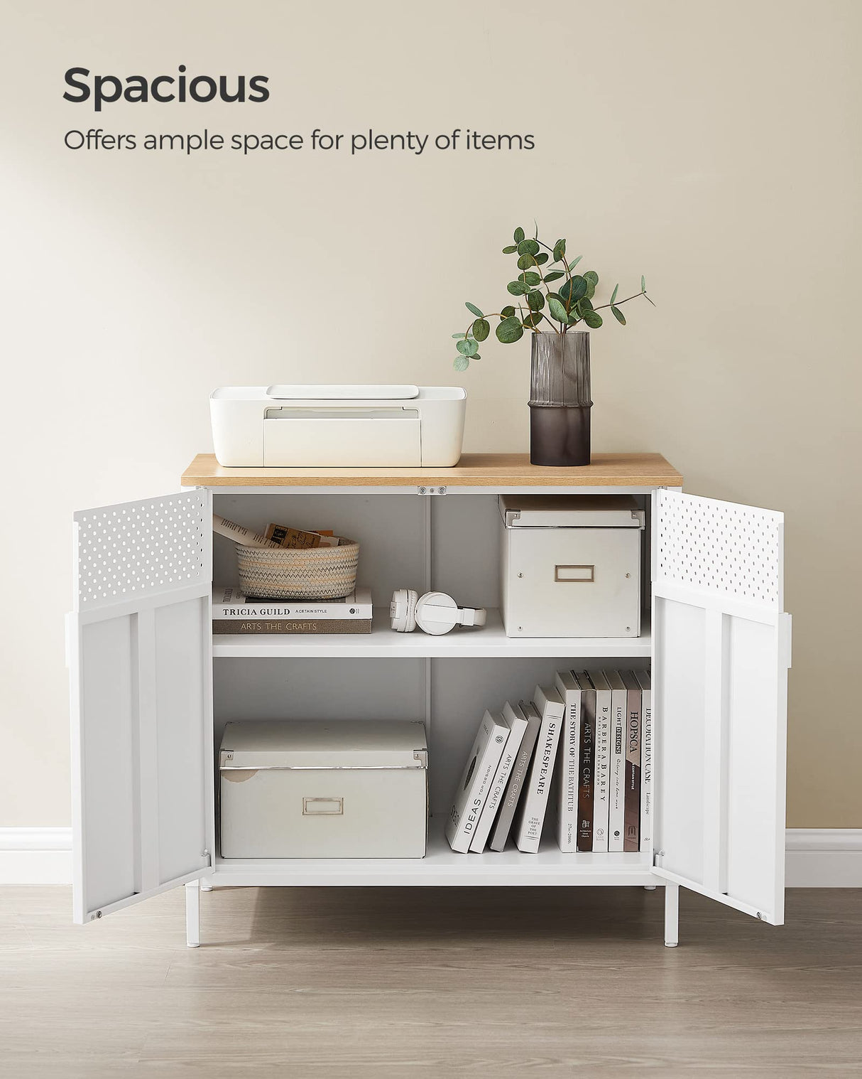 SONGMICS Storage Sideboard, Buffet Table with Adjustable Shelves, Floor Storage Cupboard, Steel Frame, Natural and White ULSC102W57 SONGMICS