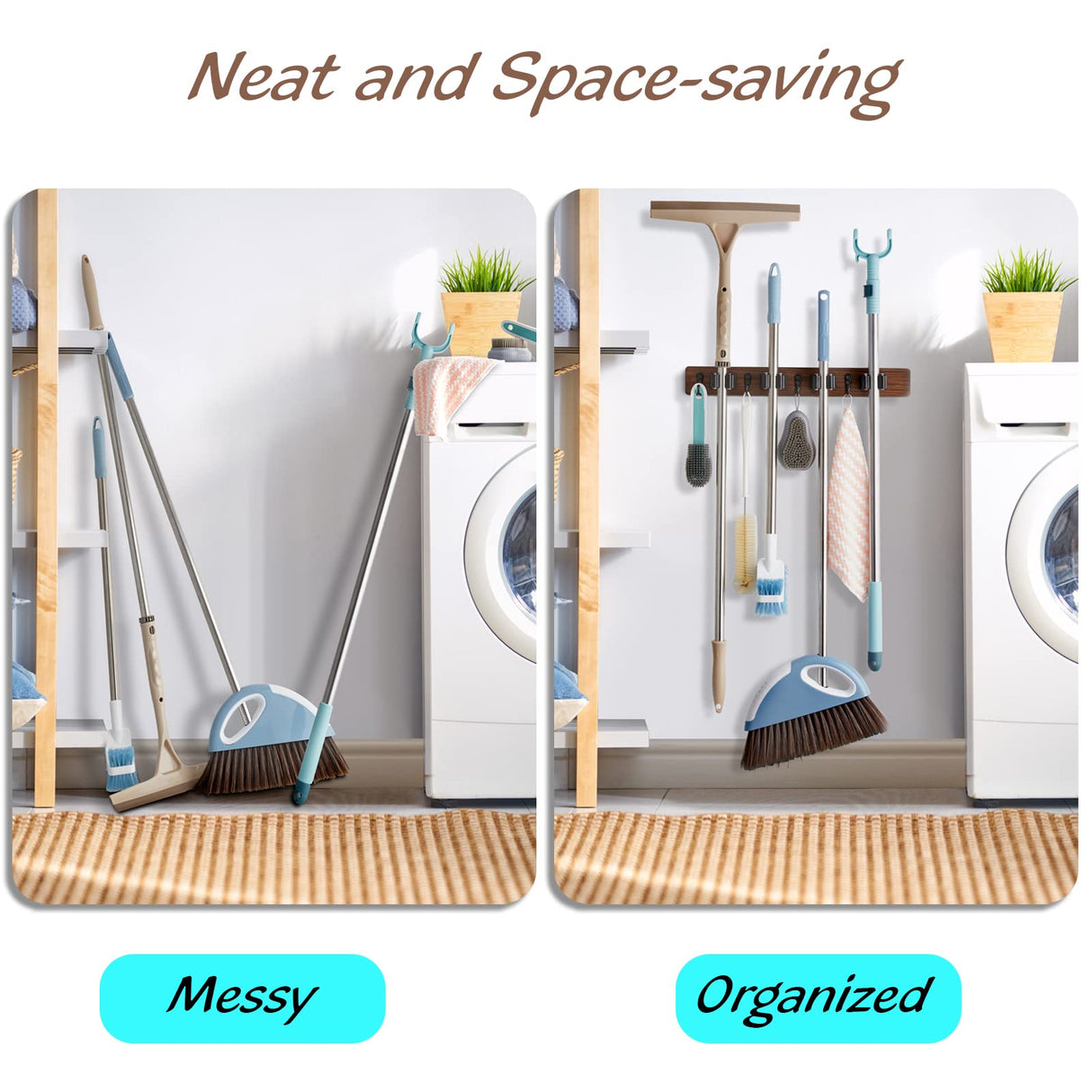 OUTNILI 2 Pack Mop Broom Holder Wall Mount - Rustic Wood Broom Mop Hanger - Wall Mounted Garden Tool Rack Organizer for Closet Garage Laundry Room OUTNILI