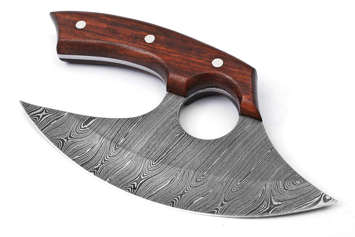 Super Knife Handmade Damascus Steel Ulu Knife - Fixed Blade knife for Chopping Boning Slicing Cutting ,Solid Rose Wood Handle with Leather Sheath, Super knife