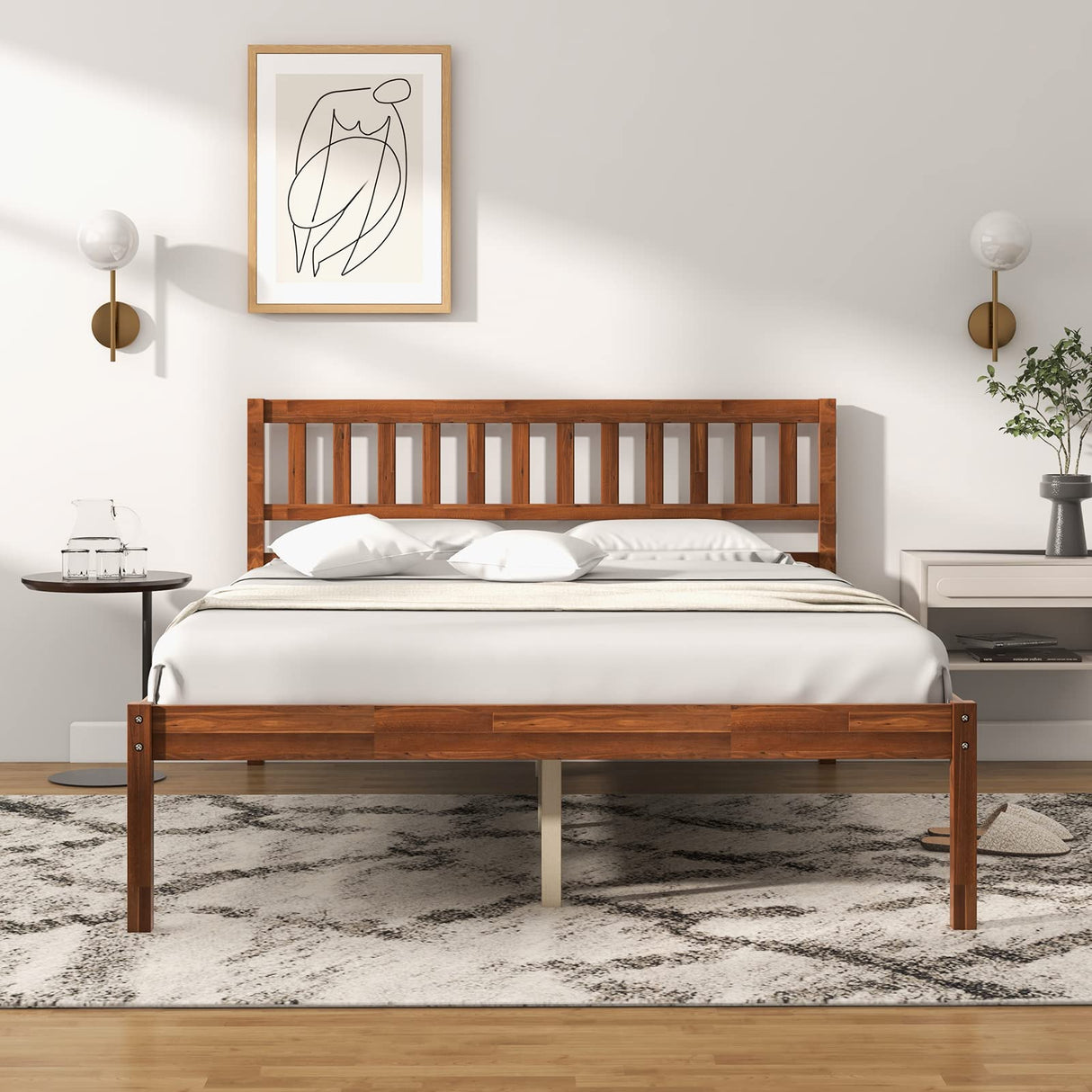 Giantex Wood Full Bed Frame with Headboard, Mid Century Platform Bed with Wood Slat Support, Solid Wood Foundation, 12 Inch Height for Under Bed Giantex