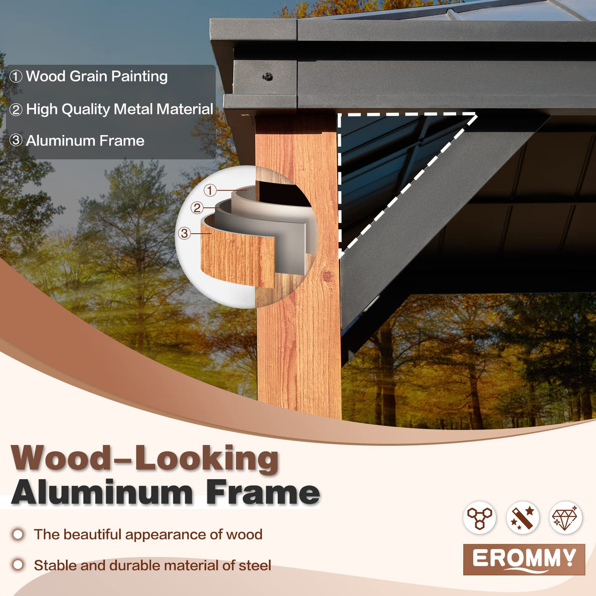 EROMMY 12' x 20' Hardtop Gazebo, Wooden Grain Aluminum Frame Canopy with Galvanized Steel Roof, Outdoor Permanent Pavilion with Curtains and Nettings EROMMY