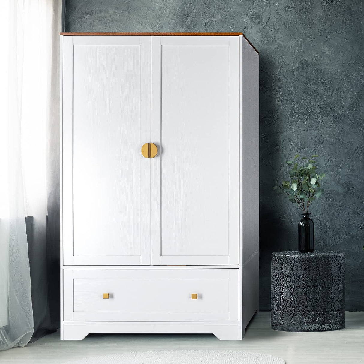 VINGLI Wide Wardrobe Closet, White Armoire Wardrobe with Hanging Rod, Shelves and Drawer, Freestanding Closet Wardrobe Cabinet, Armoires and VINGLI
