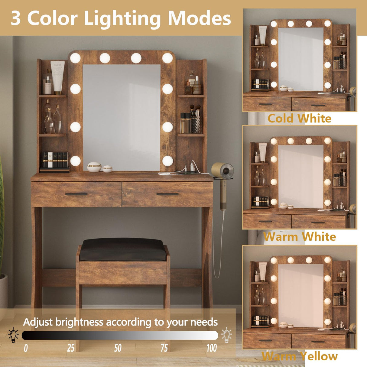 Vanity Desk with Lights,Makeup Vanity with Power Strip,Dressing Table Set with 2 Large Drawers,Vanity Mirror 3 Lighting Color Adjustable,Rustic Brown Vabches