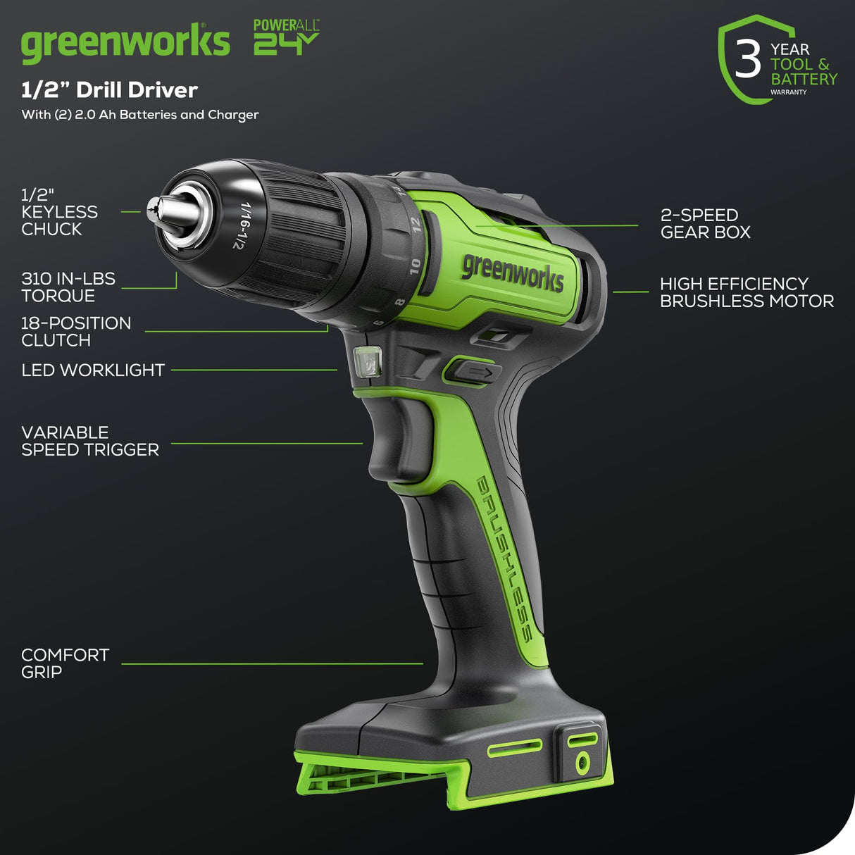 Greenworks 24V Brushless Cordless Drill Kit, 310 in./lbs, 18+1 Position Clutch, 1/2 '' Keyless Chuck, Variable Speed, 1.5Ah Battery With 2A Charger, Greenworks