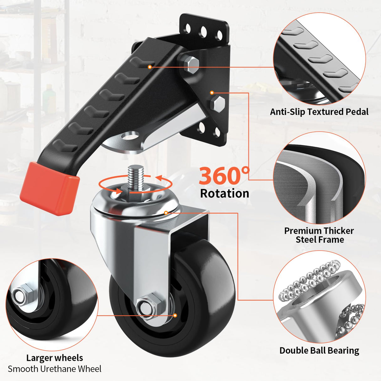 SPACEKEEPER Workbench Casters kit 920 Lbs Retractable Casters Heavy Duty Bench Caster Wheels Side Mounted Retractable Workbench Wheels Designed for SPACEKEEPER