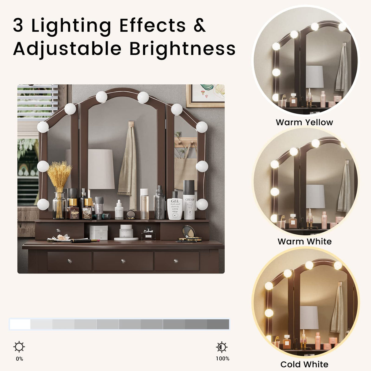 Tiptiper Vanity Desk, Makeup Vanity Set with Lighted Mirror and Stool, Dressing Table with 5 Drawers, 3 Light Settings & Adjustable Brightness, Tiptiper