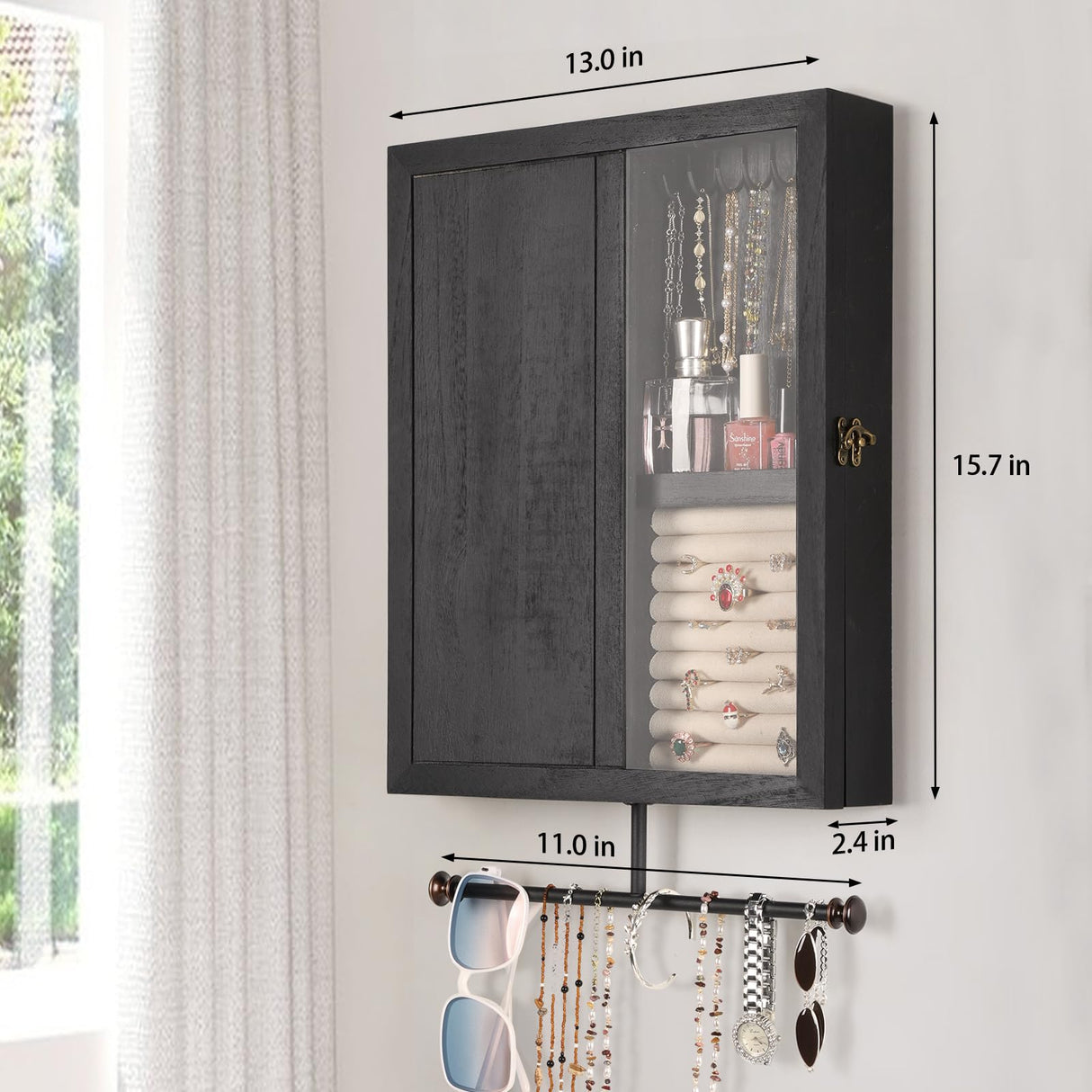 Keebofly Wall Mounted Jewelry Organizer With Rustic Wood Large Space Jewelry Cabinet, Holder, Storage Box for Necklaces, Earrings, Bracelets, Ring Keebofly