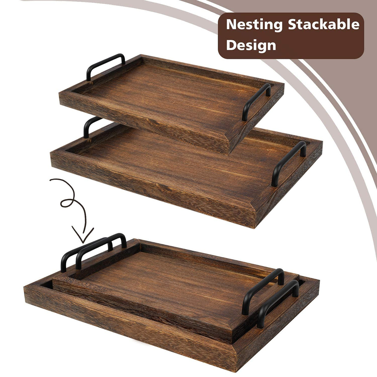 LIBWYS Rustic Wooden Serving Trays with Handle-Set of 2-Decorative Nesting Food Board Platters for Breakfast, Coffee Table/Butler (Large LIBWYS