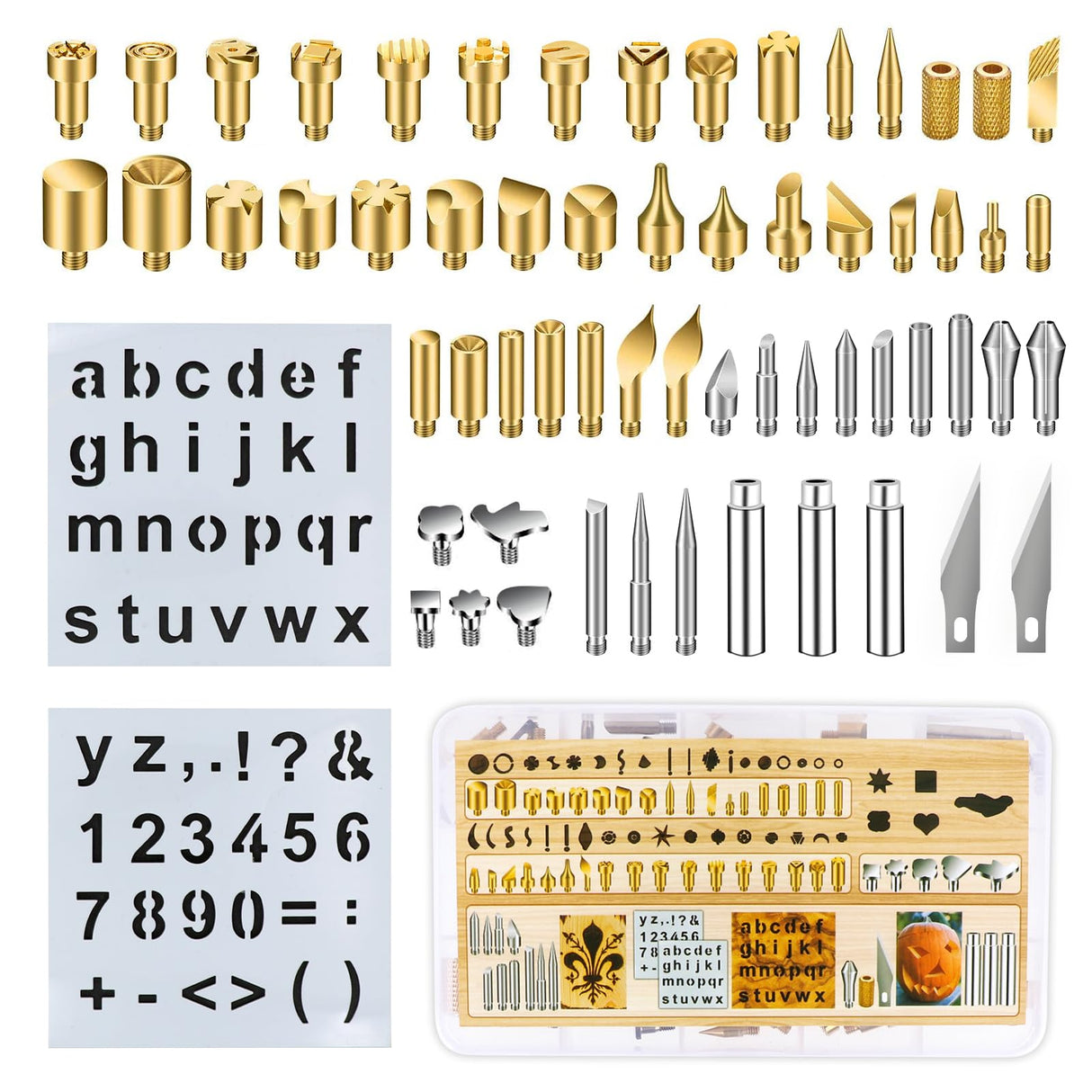 62Pcs Wood Burning Tips, Professional Wood Burning Pen Tips and Metal Alphabet Number Stencils Set, Perfect Wood Burning Embossing Carving DIY Crafts PETUOL