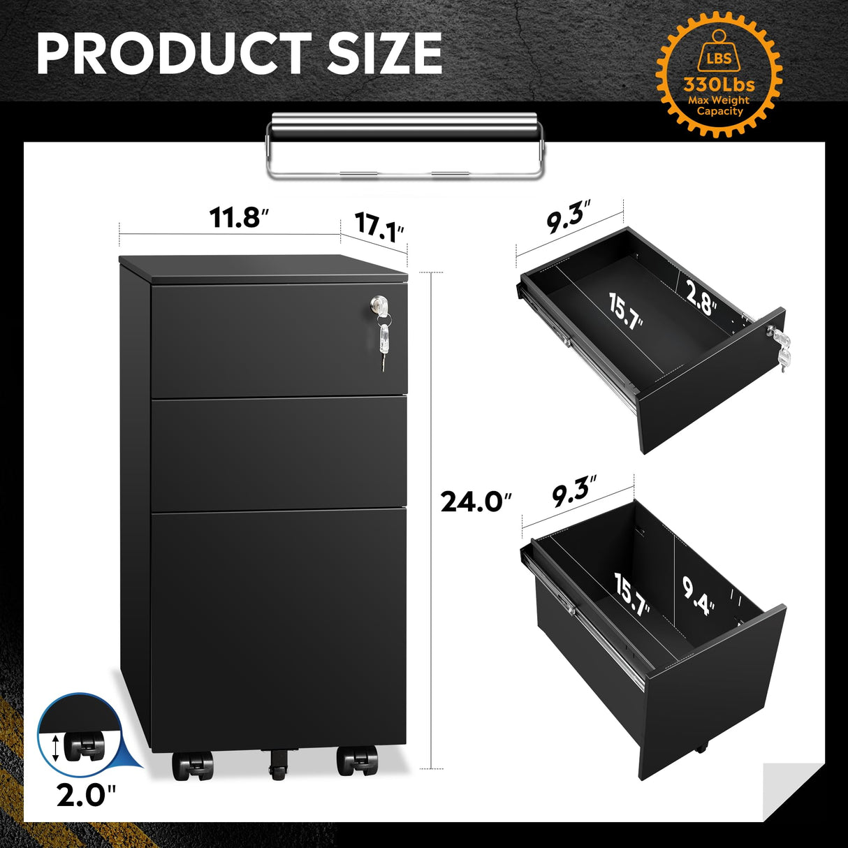 DEVAISE 3 Drawer Vertical File Cabinet, Mobile Filing Cabinet with Slim Width for Home Office, Black DEVAISE