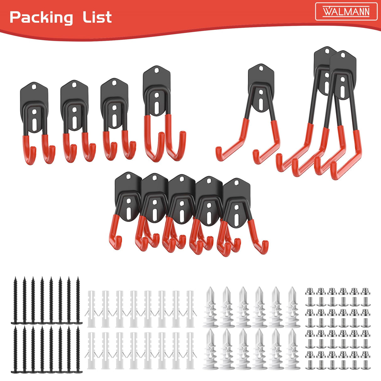 WALMANN 12PCS Garage Storage Hooks, Wall Mount Utility Hooks for Tools, Ladders, Cords, Folding Chairs, Shovels and Rakes, Shelving Hooks for Keyhole WALMANN