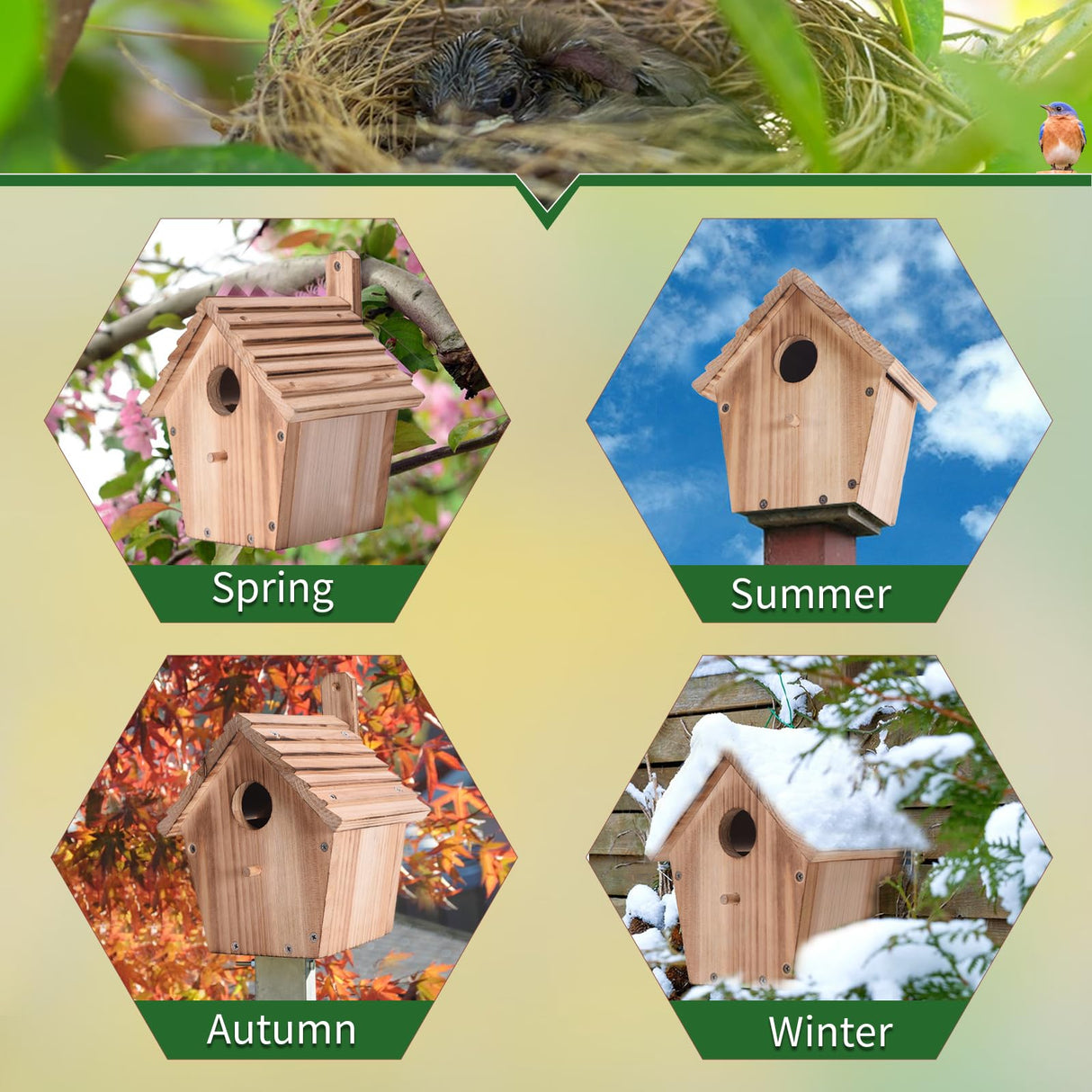 Wooden Bluebird House for Outside,Hanging Birdhouses with Pole,Outdoor Wild Bird Box House,Finch Cardinals Wren Robins Nesting Box Birdhouse for CLACKIBUKVYZ