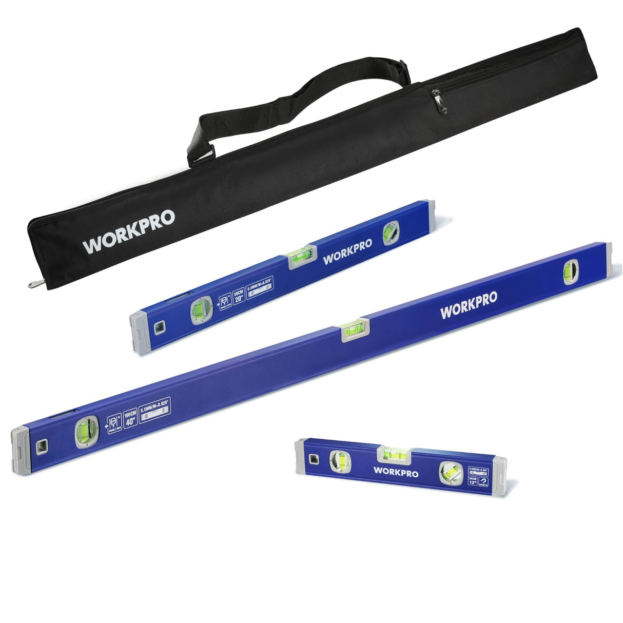 WORKPRO 3-Piece Spirit Level Set (12", 20", 40"), Level Set with Magnetic Torpedo Level, 45°/90°/180°Bubbles Measuring, Open Top View Design, WORKPRO