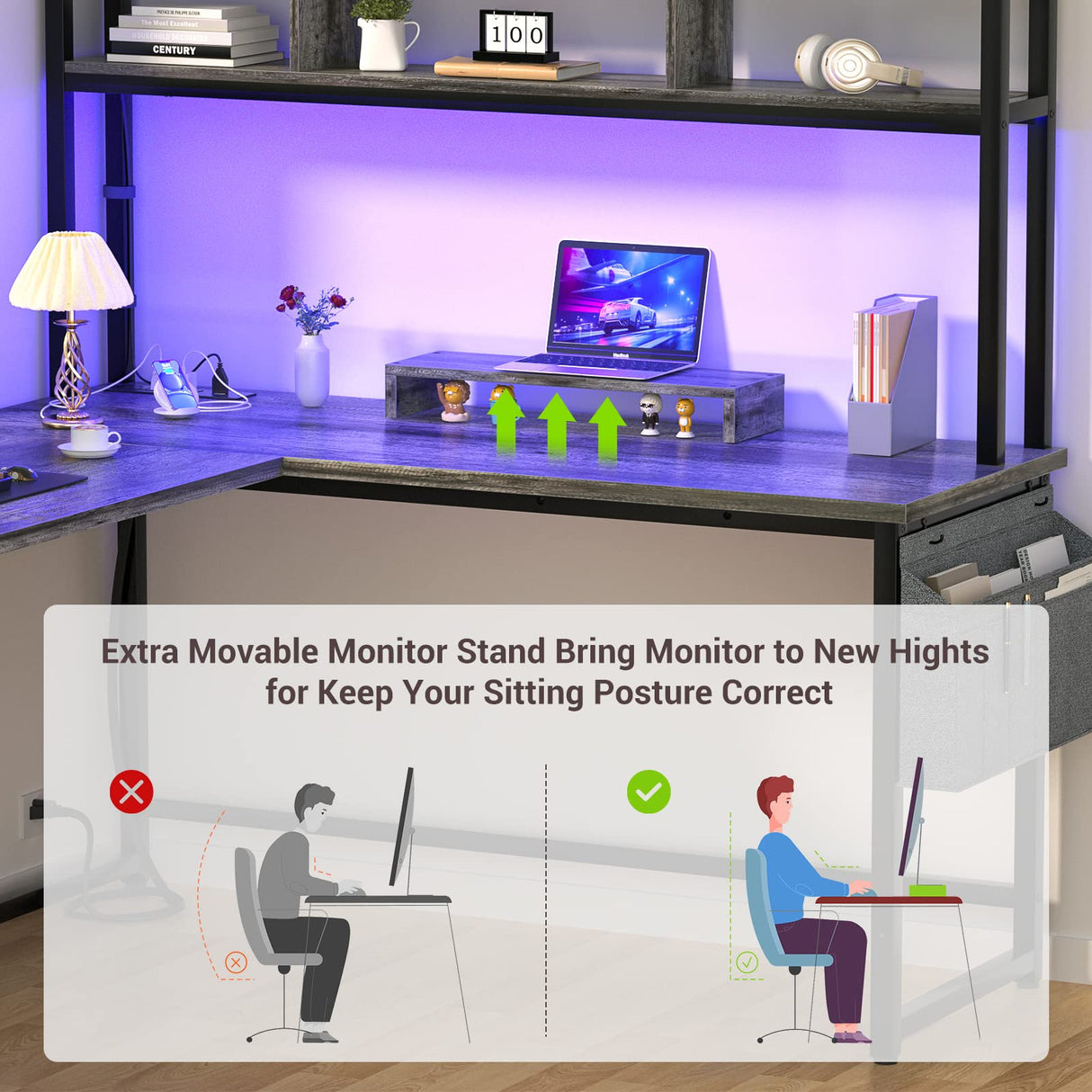 Aheaplus L Shaped Desk with Power Outlet, LED Strip & Storage Shelf for Gaming and Home Office Aheaplus