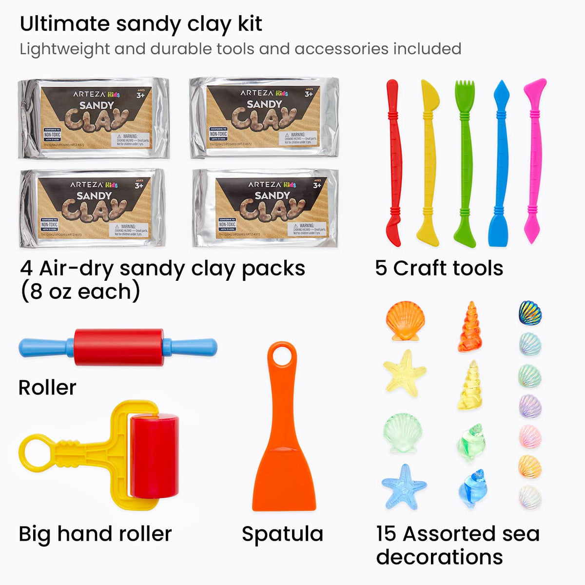 Arteza Kids Air Dry Modeling Clay Kit, 4 x 8-oz Packs Sensory Play Sand, 8 Sandy Clay Tools, 15 Decoration Shells, Art and Craft Supplies Arteza Kids