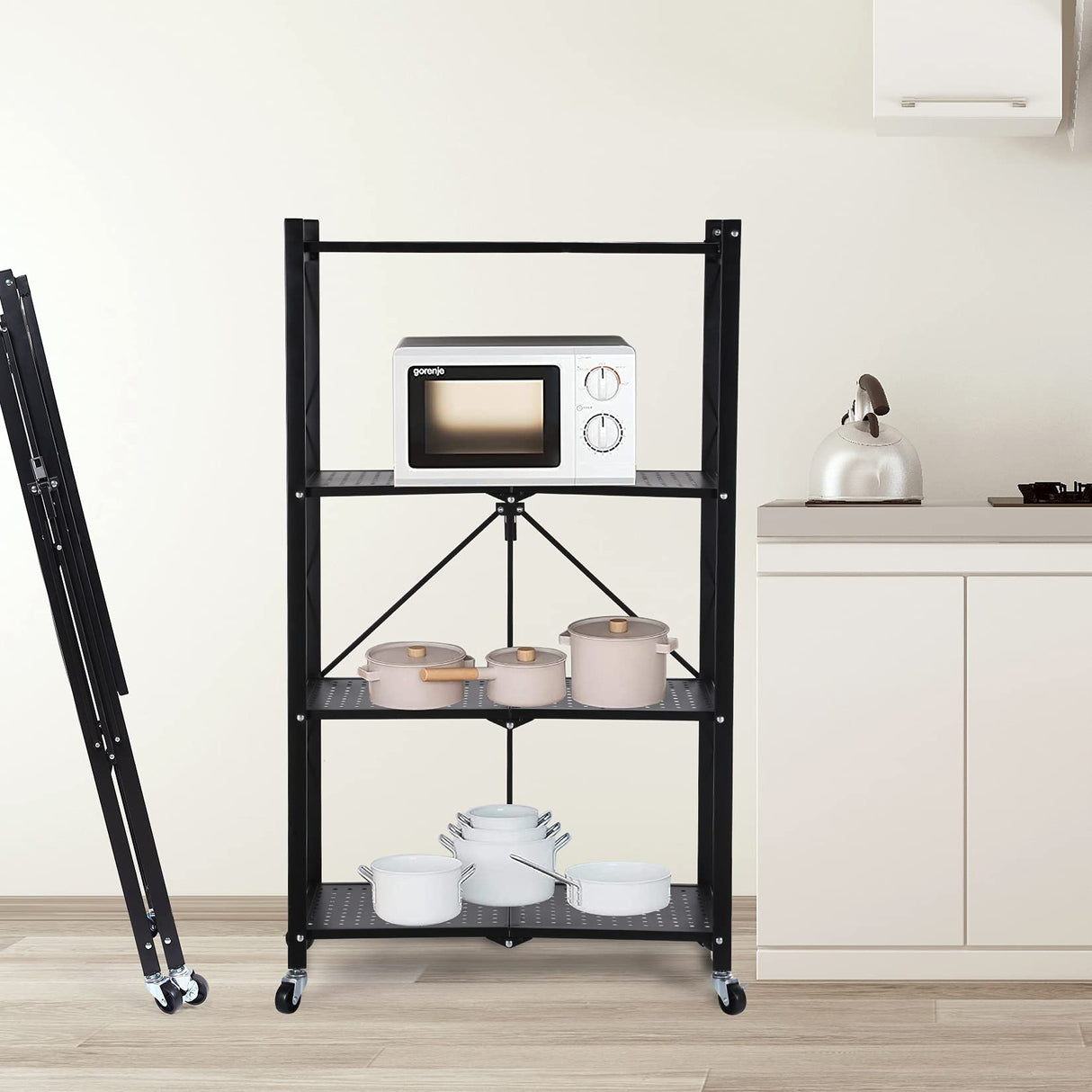 YSSOA 4-Tier Heavy Duty Foldable Metal Rack Storage Shelving Unit with Wheels Moving Easily Organizer Shelves Great for Garage Kitchen, Black YSSOA
