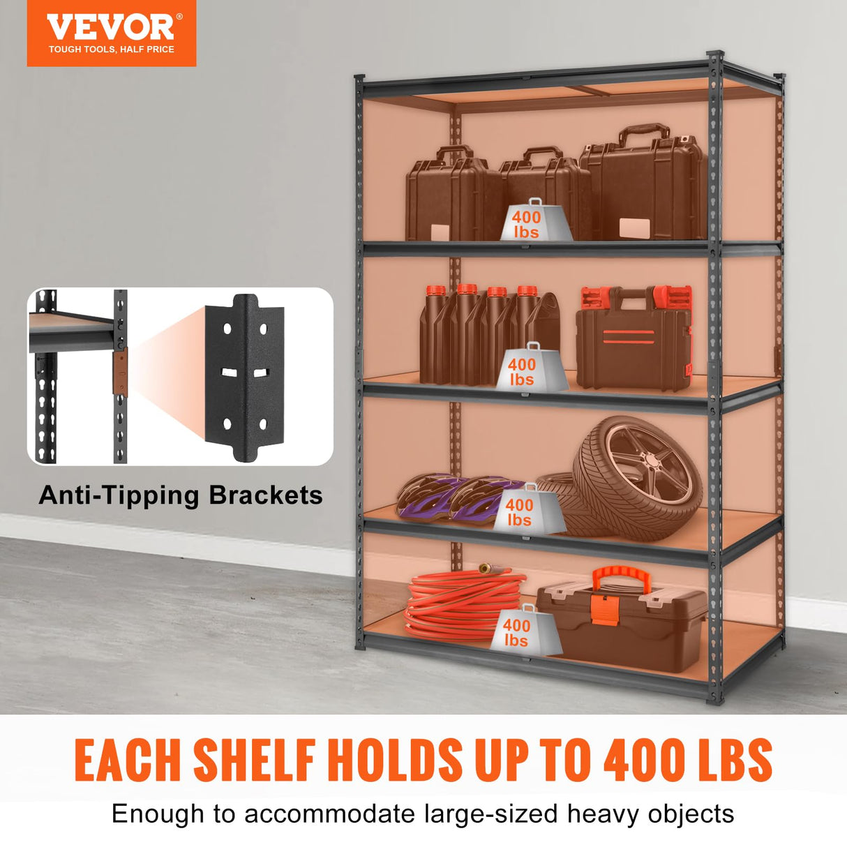 VEVOR Storage Shelving Unit, 5-Tier Adjustable, 2000 lbs Capacity, Heavy Duty Garage Shelves Metal Organizer Utility Rack, Black, 48" L x 24" W x 72" VEVOR