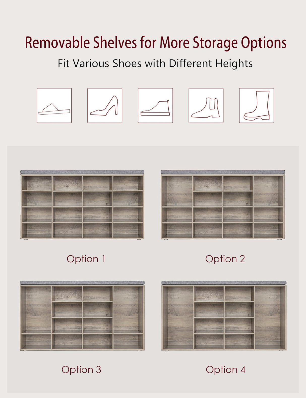 DINZI LVJ Shoe Storage Bench with Cushion, 16-Cubby Shoe Rack, Adjustable Shelves, Multifunctional Shoe Organizer Bench for Entryway, Mudroom, DINZI LVJ