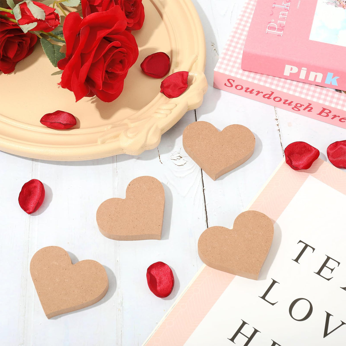 Whaline 12Pcs Valentine's Day Heart Shaped Table Wooden Sign Unfinished Blank Heart Density Board Slice Double-Sided Tabletop Heart Decor for Wedding Whaline