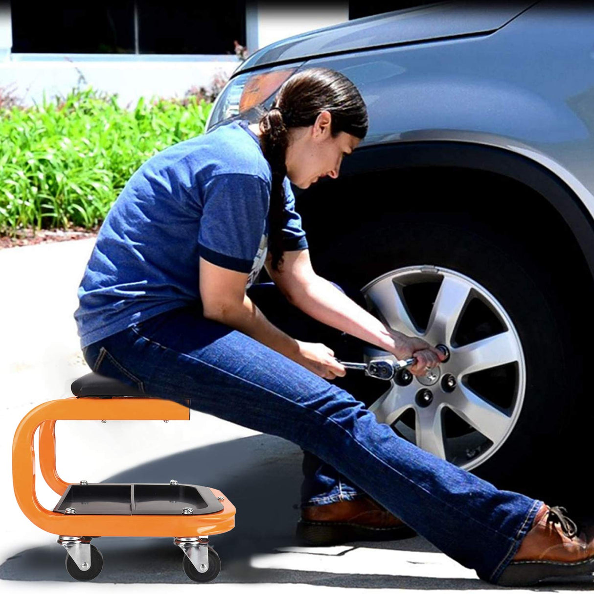 awagas Heavy Duty Rolling Creeper Garage Shop Seat Rolling Garage Stool Big Padded Mechanic Seat Mechanics Stool with Segmented Tool Tray Storage and awagas