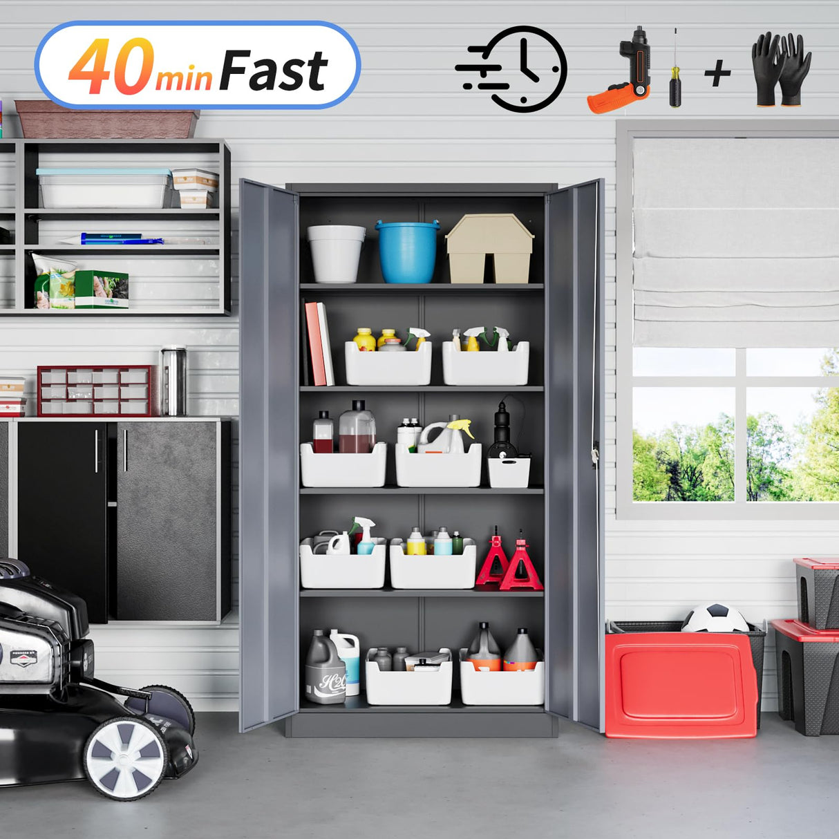 Yizosh Metal Garage Storage Cabinet with Lock, 71" Locking Tool Cabinet with 2 Doors and 5 Shelves, Tall Steel Cabinet for Garage, Heavy Duty File Yizosh