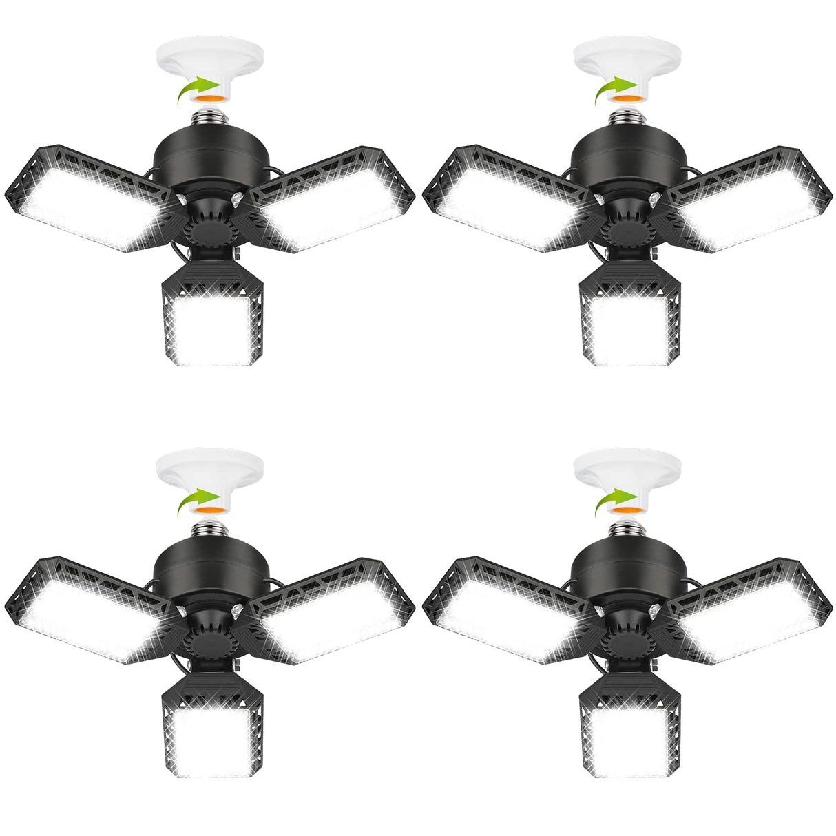 4 Pack Led Garage Lights, 60W Deformable Garage Ceiling Light 8000lm E26 Basement Lights with 3 Adjustable Led Panels 270° – Fits for Garage, CHAREADA