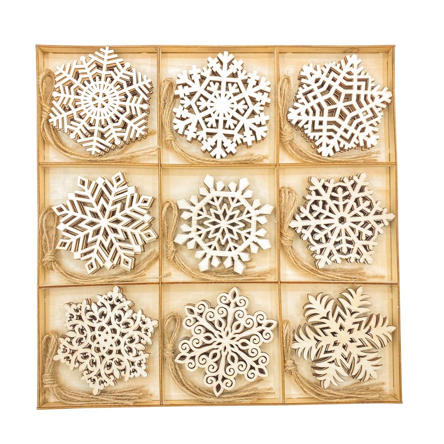 45 Pack Wooden Snow Flakes 3.5 Inch Unfinished Wood Snow Shaped Cutouts for DIY Christmas Crafts, with Sorting Tray(5 Pieces Each, 9 Designs) Cregugua