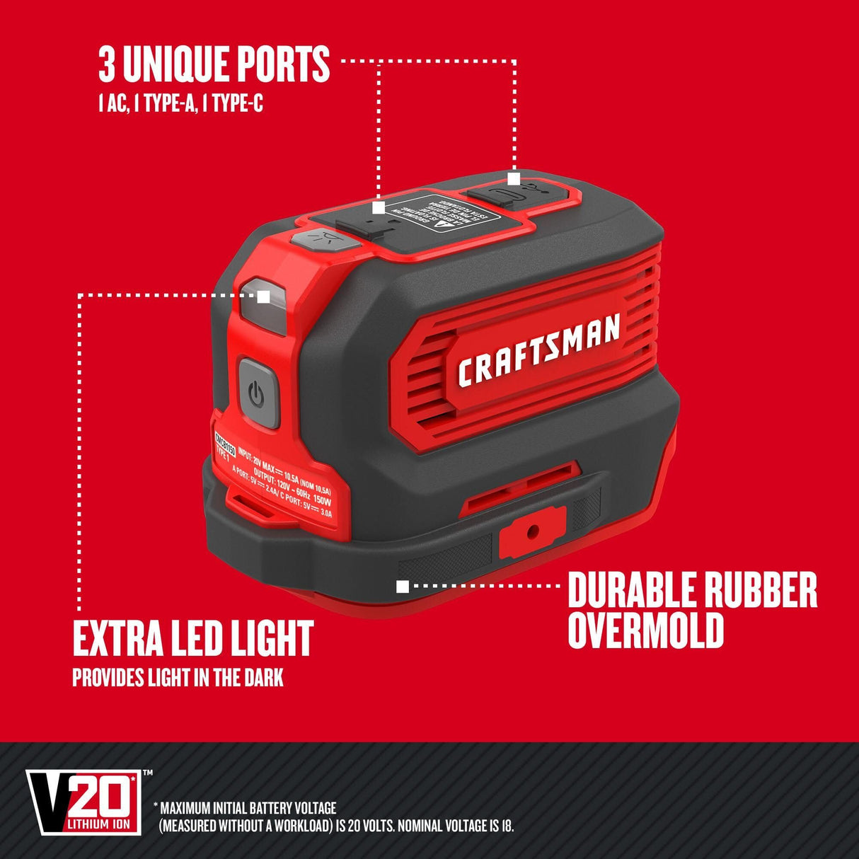 CRAFTSMAN V20 Charger, Power Inverter, Charging Ports for Type-C, Type-A, and AC, 150 Watts, Bare Tool Only (CMCB1150B) Craftsman