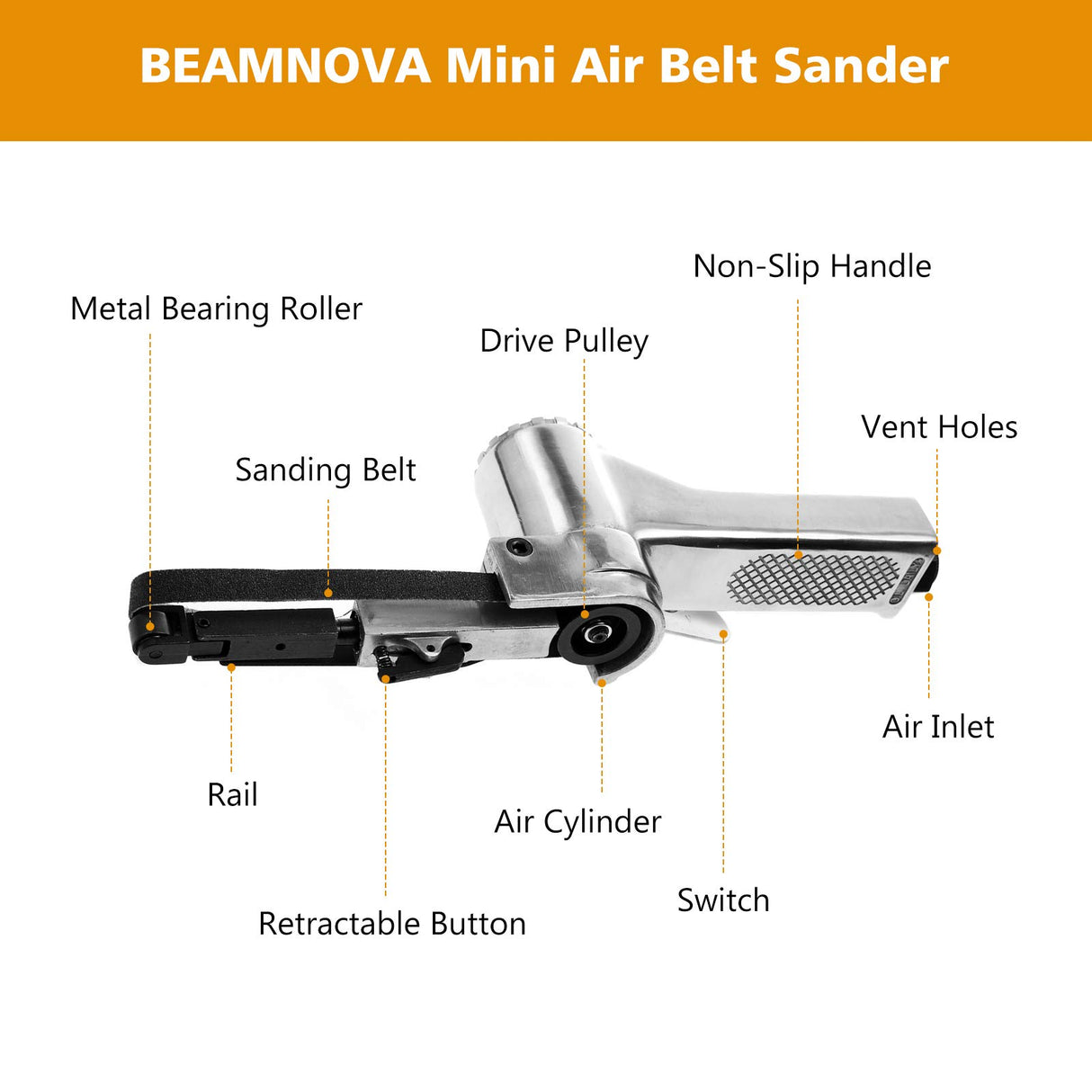 BEAMNOVA Mini Air Belt Sander for Woodworking Metal Working 3/8 Inch Handheld Angle Grinder Industrial Pneumatic Tool with 3 Belts 60/80/100 Grit BEAMNOVA