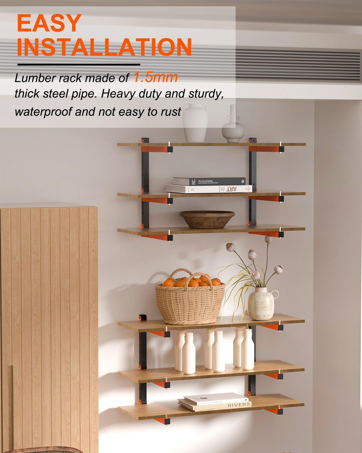 Acools Lumber Storage Rack, Lumber Rack Wall Mount, Heavy Duty Wood Storage Racks with 9-Level System, 1080 lb Durable Garage Wood Organizer, Orange Acools