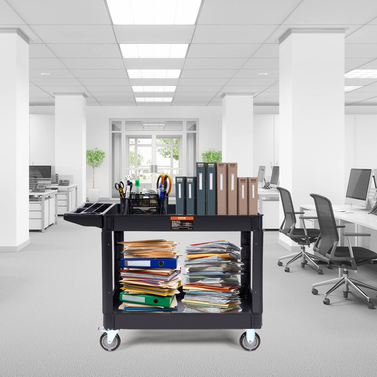 VEVOR Utility Service Cart, 2 Shelf 550LBS Heavy Duty Plastic Rolling Utility Cart with 360° Swivel Wheels (2 with Brakes), Large Lipped Shelf, VEVOR