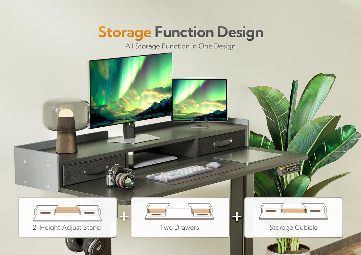 Claiks Standing Desk with Drawers, Stand Up Electric Standing Desk Adjustable Height, Sit Stand Desk with Storage Shelf and Splice Board, 55 Inch, Claiks