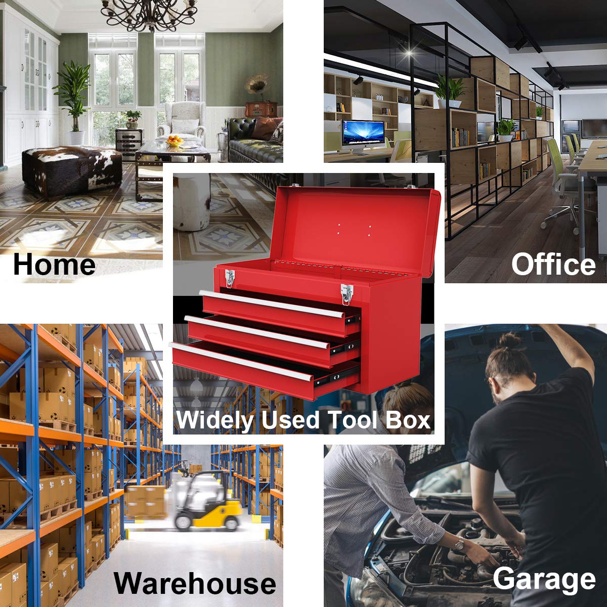 S AFSTAR 21-inche Tool Box, Portable 3 Drawer Steel Toolbox with Top Storage Tray & Carrying Handle, Double Latch System, Tool Storage Chest Hand S AFSTAR