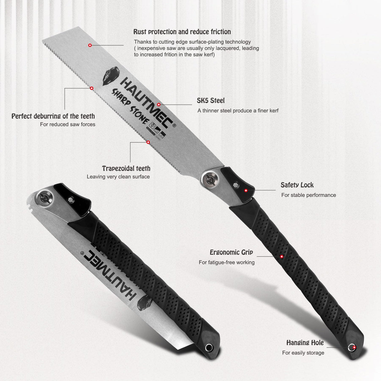 HAUTMEC Japanese Pull Saw, 9“ Foldable Hand Saw with SK5 Steel Blade, Trapezoidal Teeth for Woodworking, Sharp Stone Series, HT0312 HAUTMEC