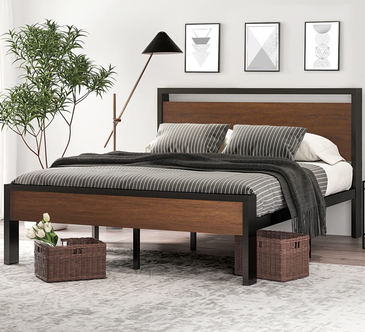 SHA CERLIN 14-Inch Queen Metal Platform Bed Frame with Rustic Wooden Headboard and Footboard SHA CERLIN
