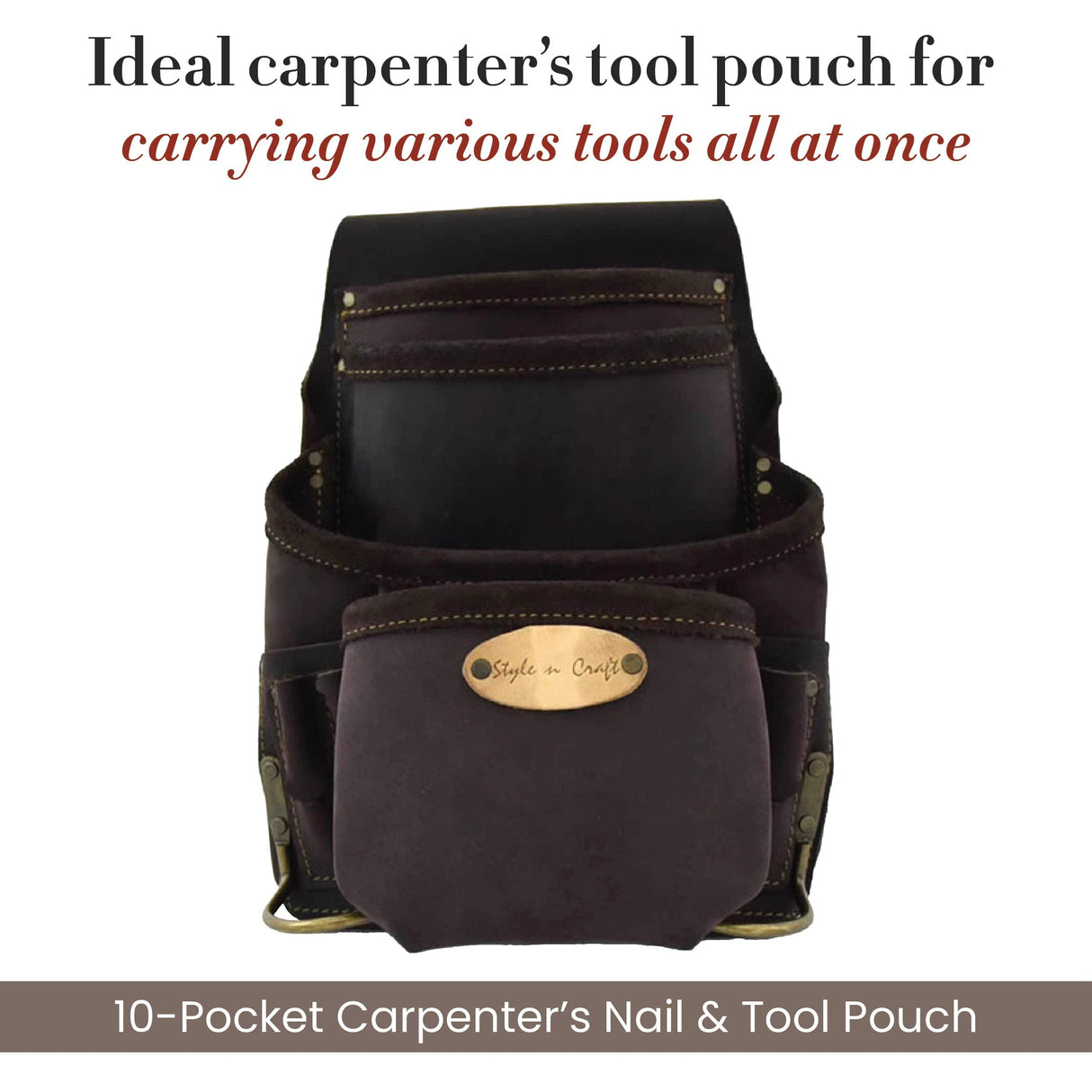 Style n Craft 10-Pocket Carpenter’s Nail & Tool Pouch, Heavy-Duty Leather Tool Pouch, Perfect and Durable Oiled Full-Grain Leather Pouch, Dark Brown Style N Craft