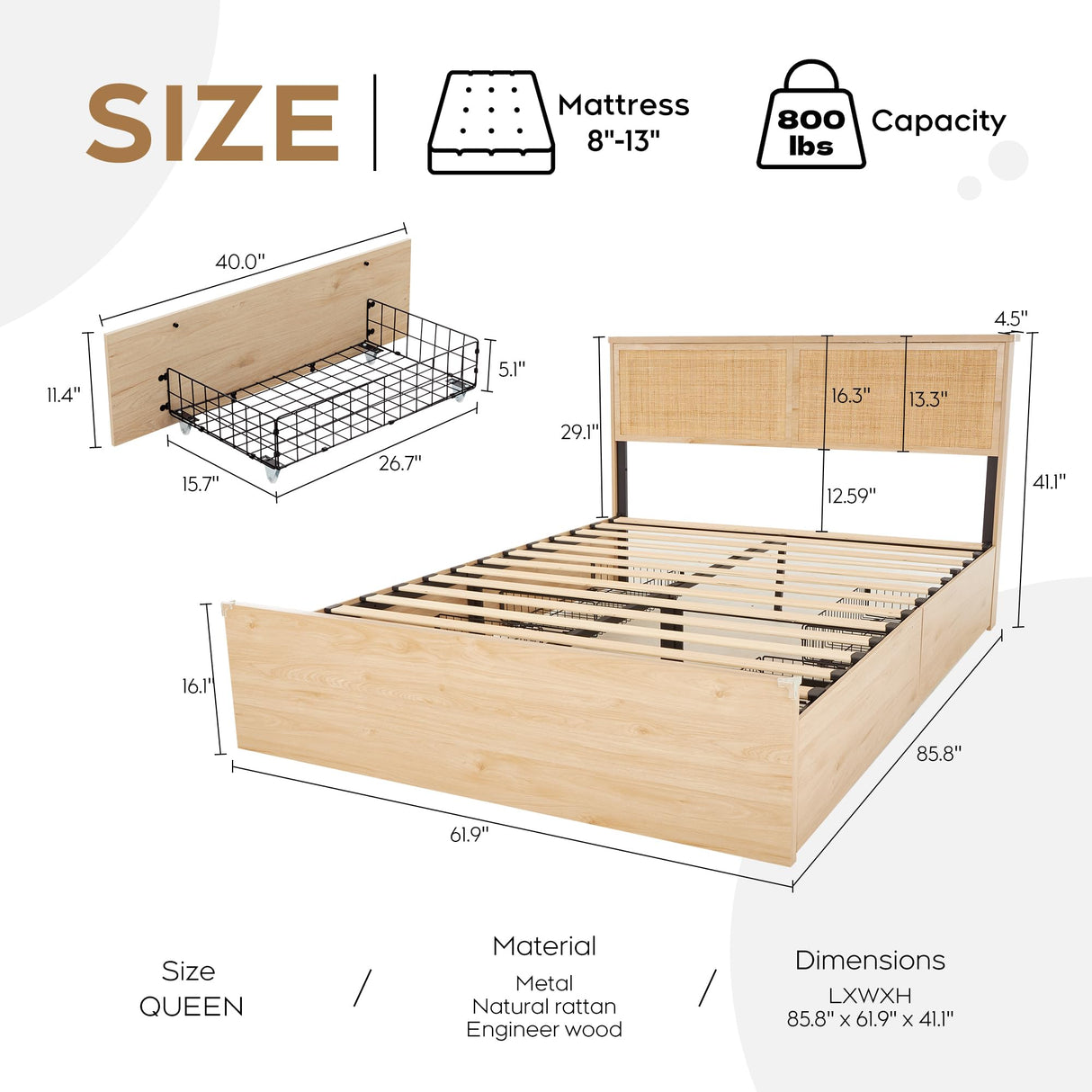 Brafab Natural Rattan Queen Bed Frame with Wooden Headboard & 4 Storage Drawers Brafab