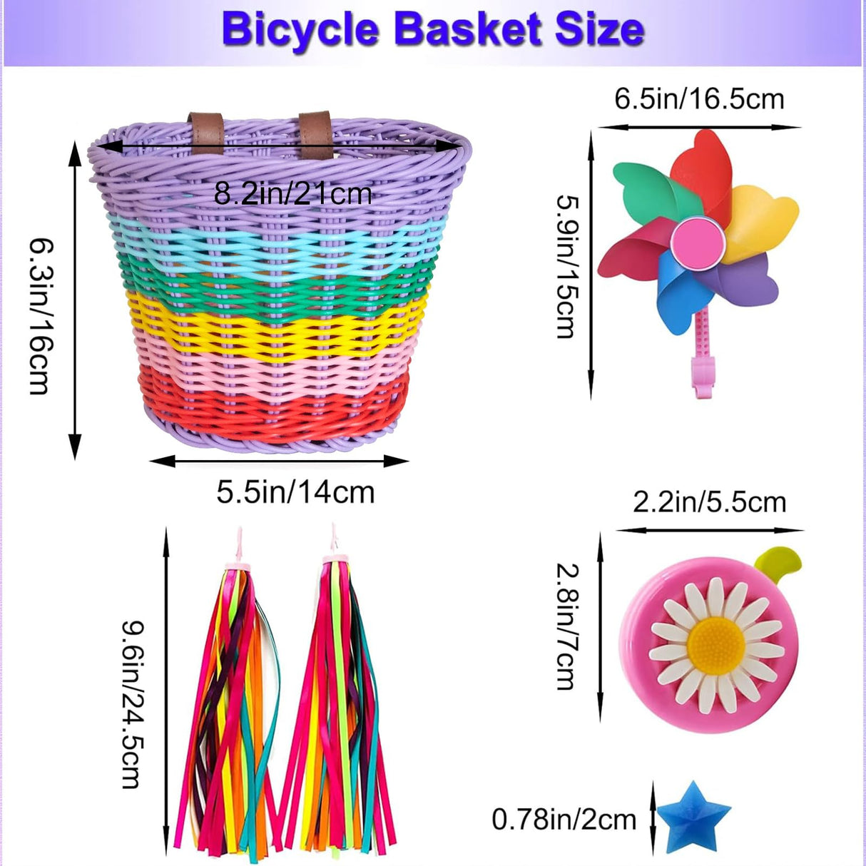 Bicycle Basket for Girls, Adjustable Front Handlebar Bike Basket with Bike Streamers Set Bell/Bicycle Windmill/Bicycle Wheel Beads DIY Bike Boltigen