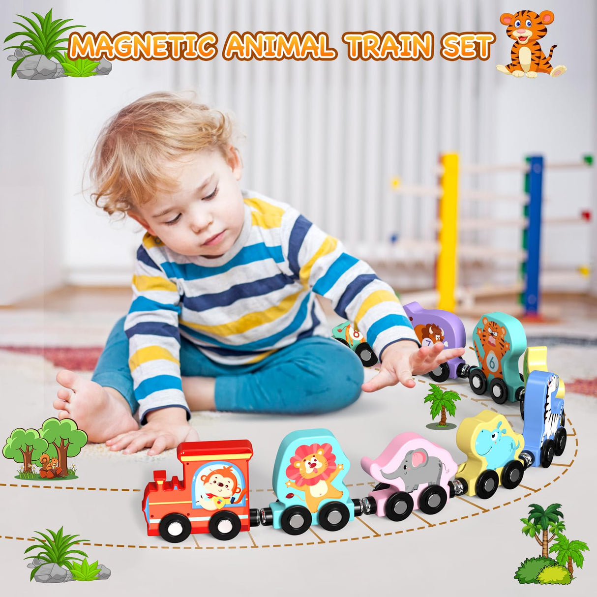 Zeoddler Toys for Toddlers, 11 PCS Magnetic Wooden Animals Train Set, Montessori Toys for Toddlers, Preschool Learning Activities for Kids, Birthday Zeoddler