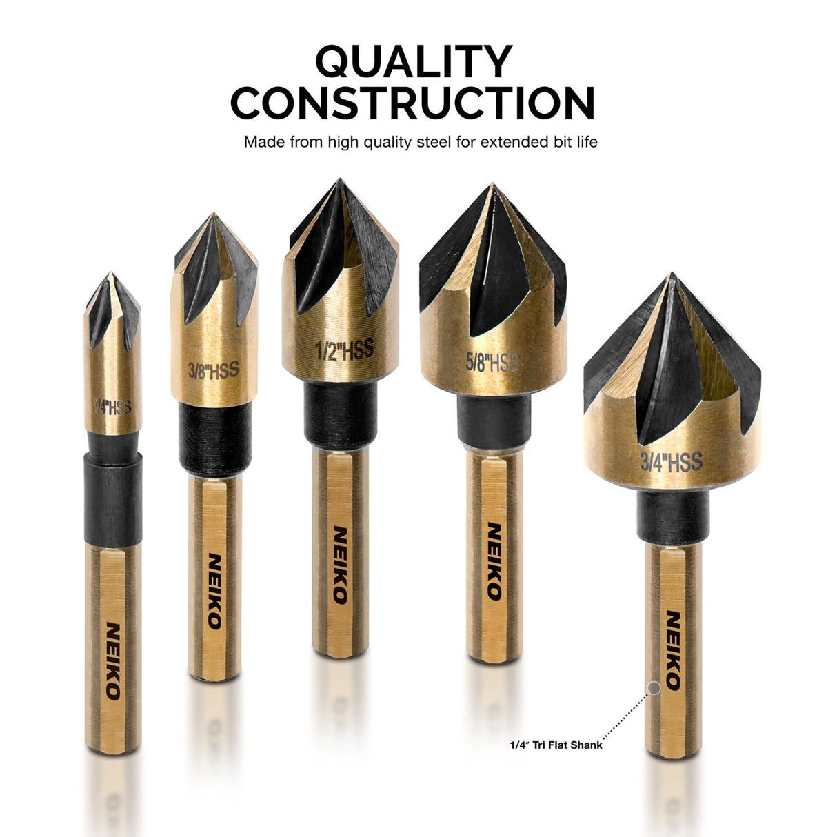 NEIKO 10218A Countersink Drill Bit Set for Wood and Metal, 1/4” Tri-Flat Shank, 5 Piece Countersink Bits, M2 High Speed Steel NEIKO
