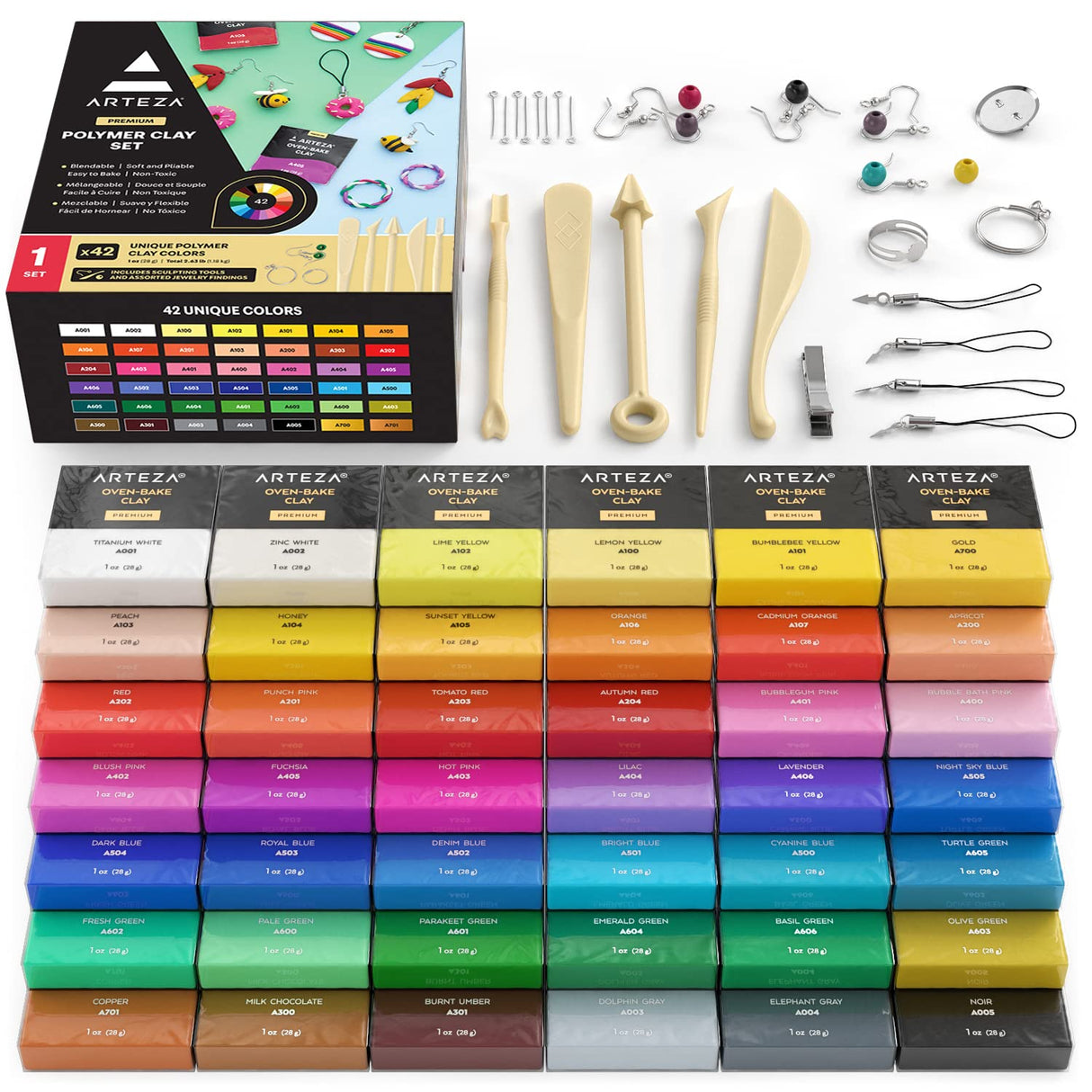 Arteza Polymer Clay Kit, Modeling Clay Oven Bake for Adults and Teens with 5 Sculpting Tools, 42 Colors, Made for Clay Earrings, Jewelry Making and ARTEZA