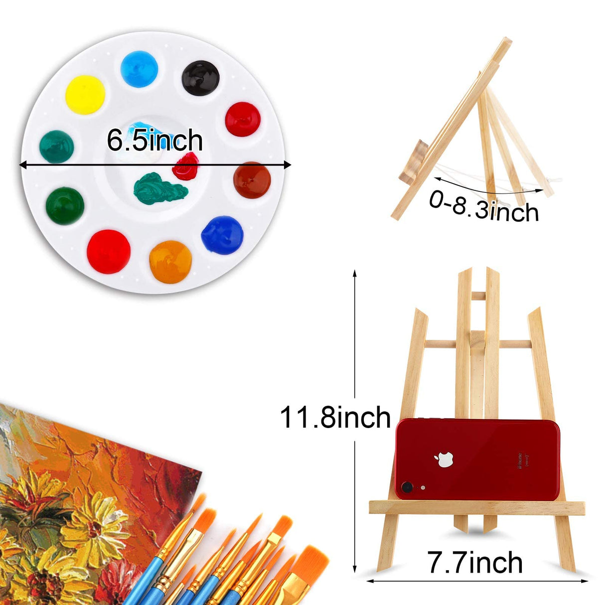 AROIC 96 PCS Painting Supplies Set with Easels, 8 PCS Wood Easels, 8 Packs of 80 Brushes with Nylon Brush Head and 8 PCS Palettes, Tabletop Wooden AROIC