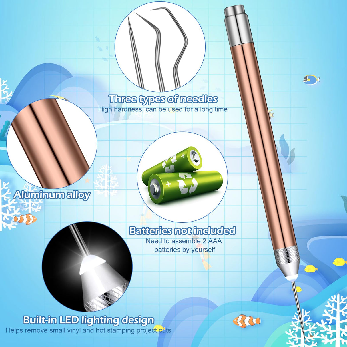 Therwen 6 Pcs Weeding Tools Set Weed Removal Tool Kit LED Tweezers Pin Hook Scissors for Vinyl Paper Projects Crafting DIY Therwen