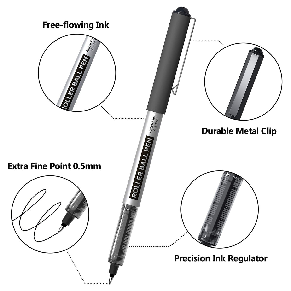 Shuttle Art RollerBall Pens, 25 Pack Black Fine Point Roller Ball Pens, 0.5mm Liquid Ink Pens for Writing Journaling Taking Notes School Office Shuttle Art