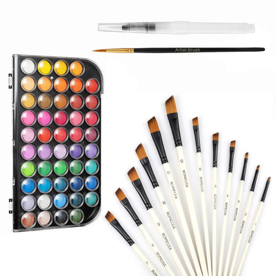 GETHPEN Watercolor Paint 48 Colors, Angular Paint Brushes Nylon Hair Angled Watercolor Pait Brush Set