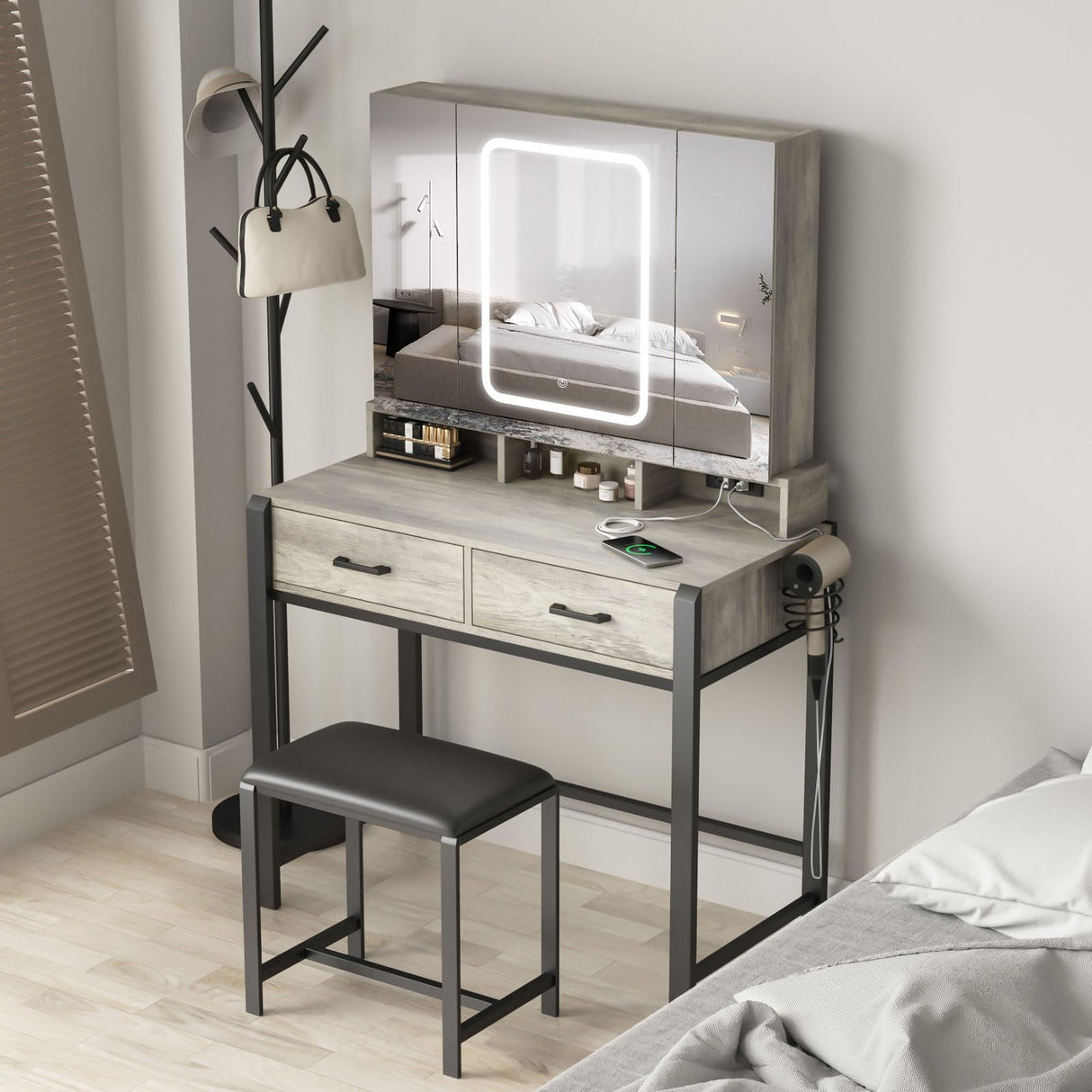 Fameill Vanity Desk with Lighted Mirror and Power Strip,Tri-Fold Mirror Makeup Vanity Table with Lights,2 Drawers Vanity Set with Hidden Storage Fameill