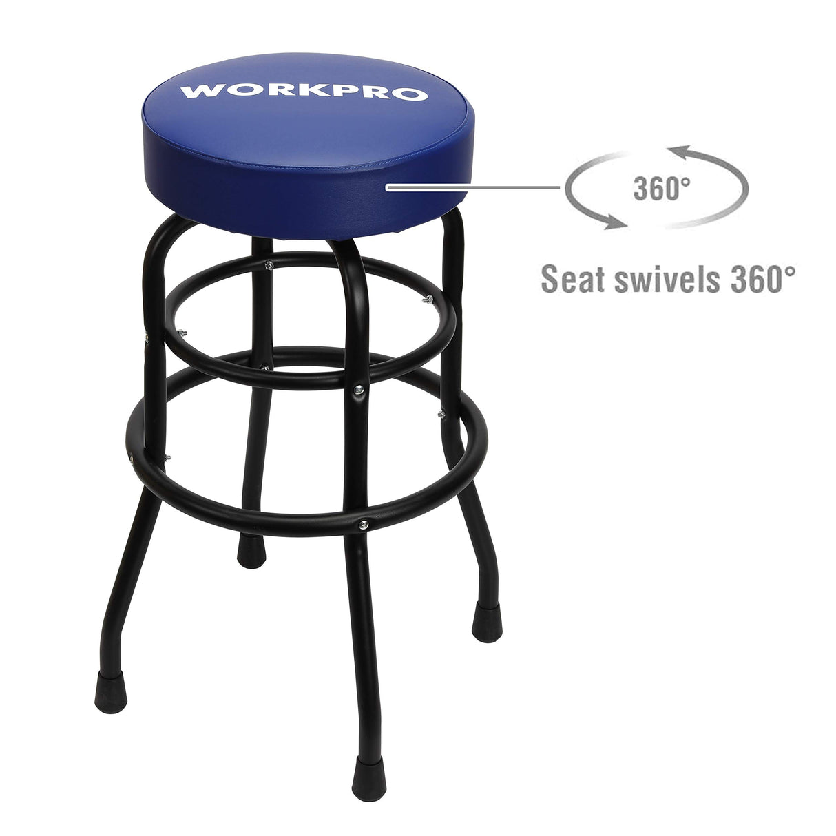 WORKPRO W112003 Garage Shop Stool, Heavy-Duty Steel Construction Garage Stool, Swivel Cushion Seat, Black Powder Coated Legs & Footrest (Single Pack) WORKPRO
