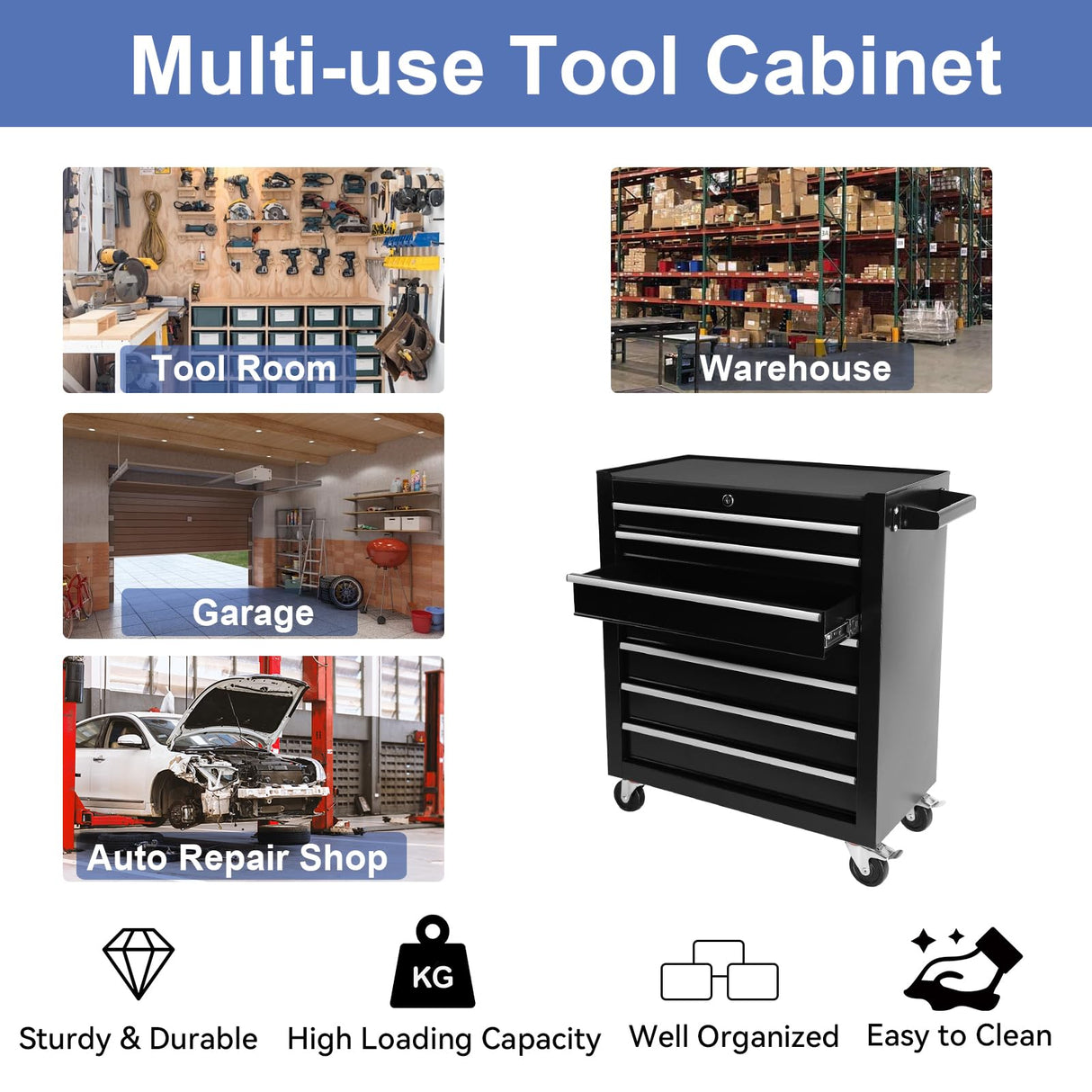 7-Drawer Tool Chest with Wheels, Rolling Tool Chest with Drawers, Top Cushion & 7PCS Tray Divider Set, Multifunctional Craftsman Tool Storage Chest Henf