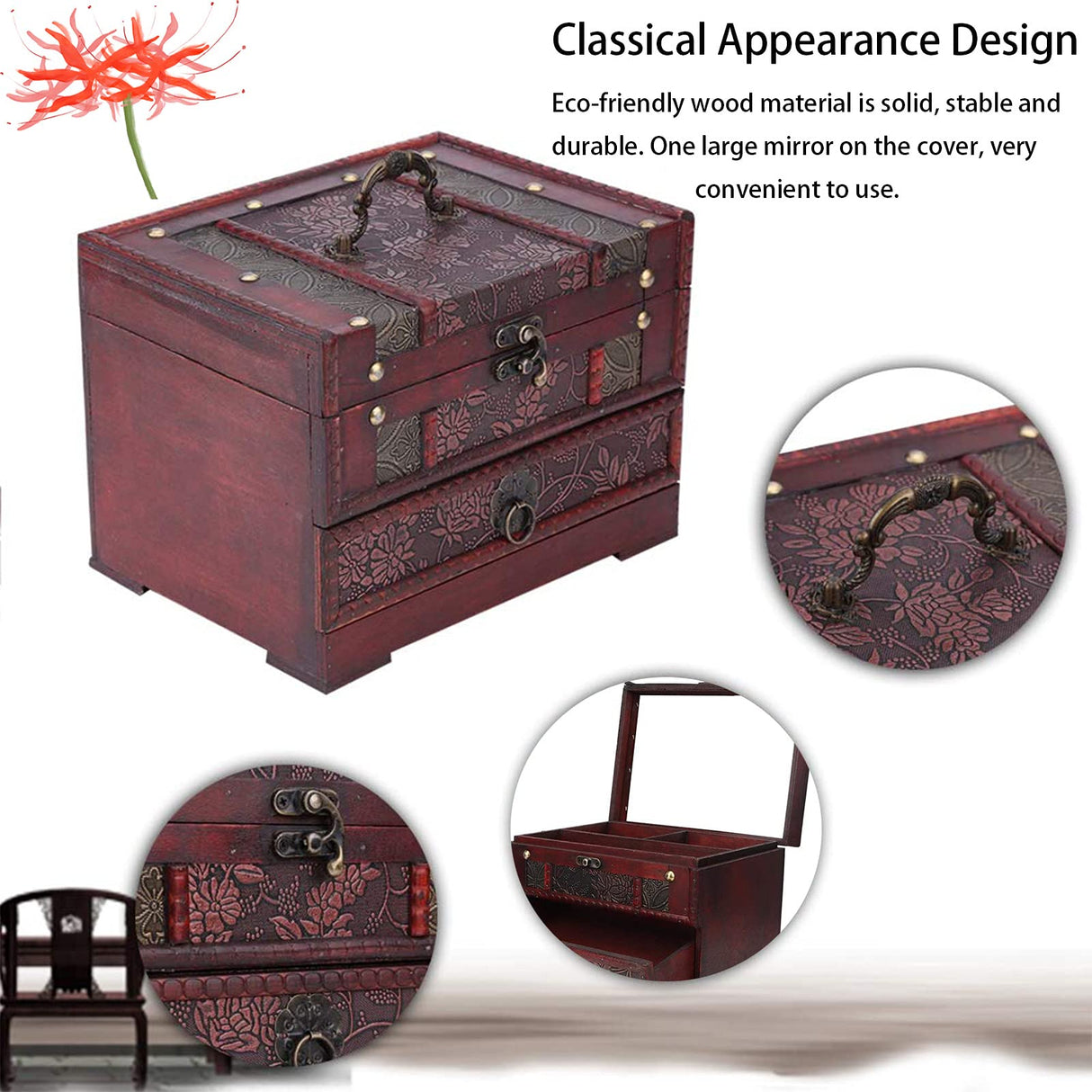 Wooden Jewelry Box with Mirror, Classical Wood Jewlery Box Jewelery Storage Box Case Holder Jewellery Chest Organizer with Drawer Mom Gifts Mothers Brokimis