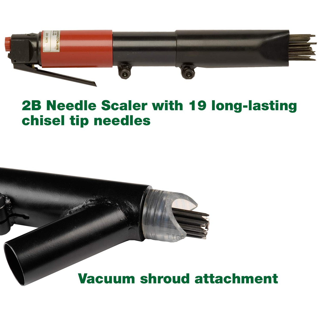 CS Unitec | 2B Needle Scaler with Vacuum Shroud | 19 Needle Air Chisel | Professional Grade 3000 BPM Inline Grip | Air Power 5.5 CFM - 121.2099 VS CS Unitec